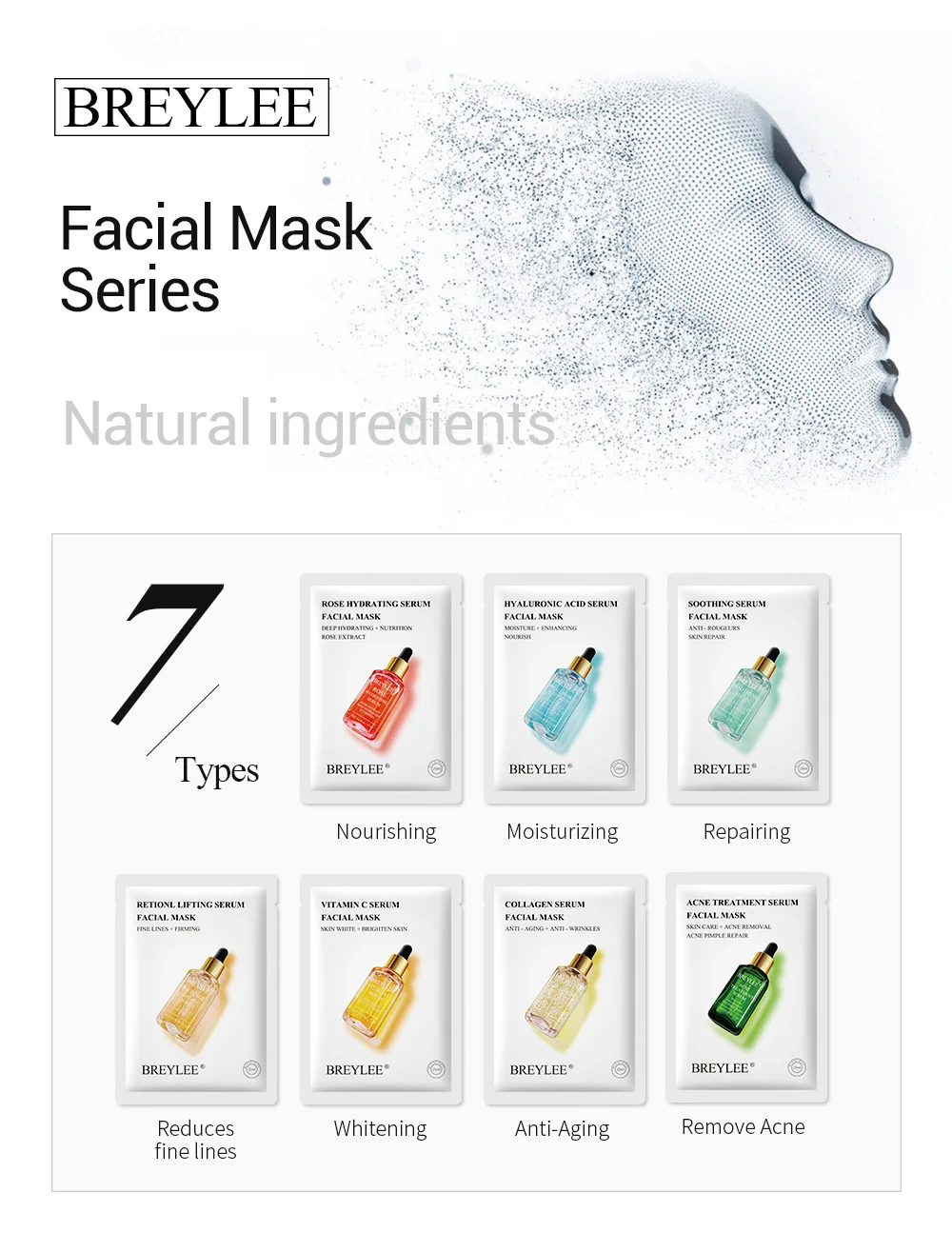 BREYLEE 7PCS Face Mask Sheet Mask Hyaluronic Acid Moist Retinol Anti-Aging Acne Treatment Whiten Soothing Nourishing Skin Care BREYLEE 7PCS Face Mask Sheet Mask Hyaluronic Acid Moist Retinol Anti-Aging Acne Treatment Whiten Soothing Nourishing Skin Care