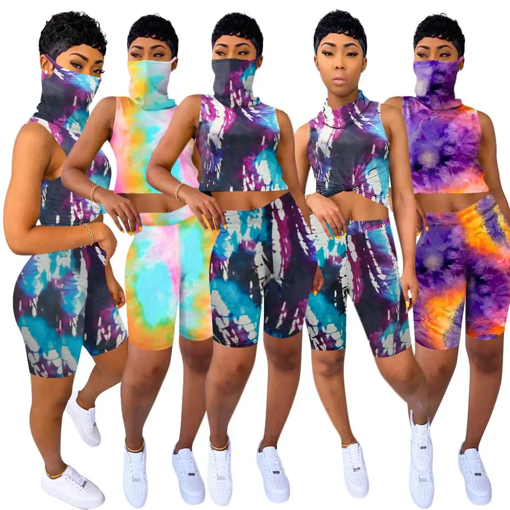 Women tie dye galaxy print with mask neck tee top two piece set & knee length shorts pants suit tracksuit outfit F908
Women tie dye galaxy print with mask neck tee top two piece set & knee length shorts pants suit tracksuit outfit F908