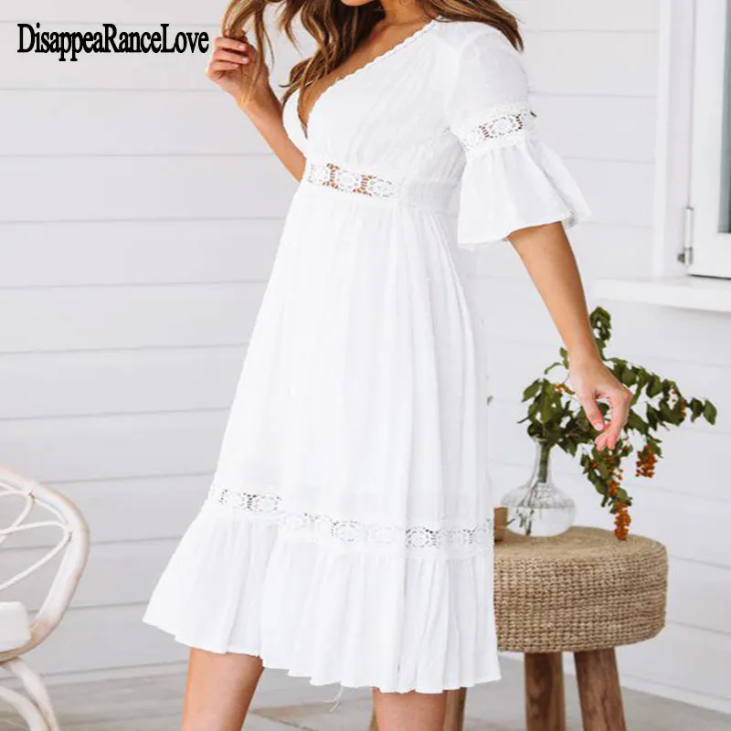 Sexy White Cotton Lace Beach Sundress Summer Women Crochet Lace Up Ruffles Dress Elegant V Neck Dresses Party
Sexy White Cotton Lace Beach Sundress Summer Women Crochet Lace Up Ruffles Dress Elegant V Neck Dresses Party
