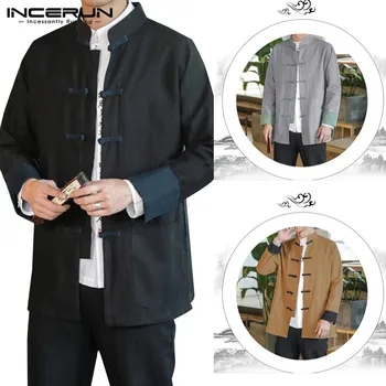 

INCERUN Traditional Tang Suit Men Solid Collar Cotton Casual Shirt Chinese Style Fashion Joker Buckle Retro Street Mens Blouse