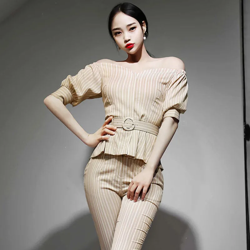 2019 Summer Wear New Style Korean-style Ol Elegant Two-Piece Set Slim Fit Horizontal Neck Tops Stripes WOMEN'S Pants Set
2019 Summer Wear New Style Korean-style Ol Elegant Two-Piece Set Slim Fit Horizontal Neck Tops Stripes WOMEN'S Pants Set