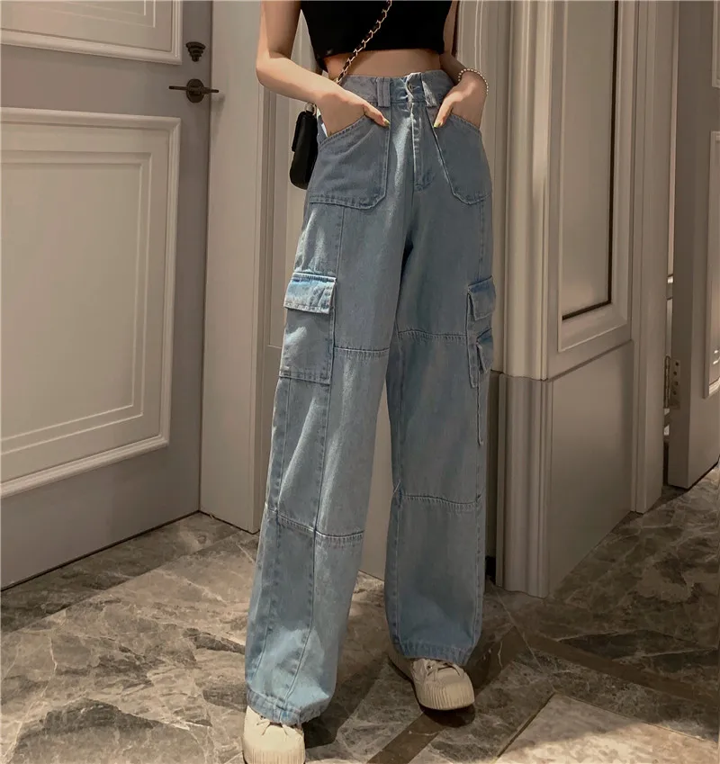 Vintage Wide Leg Woman Jeans High Waisted Jeans Korean Streetwear Pockets Denim Pants Blue Casual Long Trousers 
Vintage Wide Leg Woman Jeans High Waisted Jeans Korean Streetwear Pockets Denim Pants Blue Casual Long Trousers