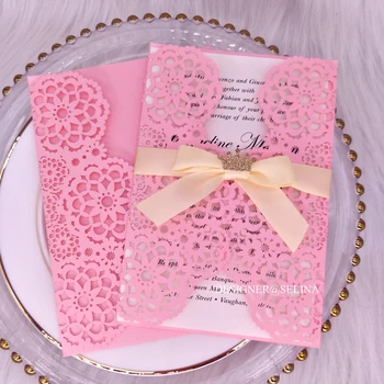 50PC Pink Laser Cut Wedding Invitation with Champagne Ribbon and Crown DIY Customized Color Printing Quinceanera Invites
50PC Pink Laser Cut Wedding Invitation with Champagne Ribbon and Crown DIY Customized Color Printing Quinceanera Invites
