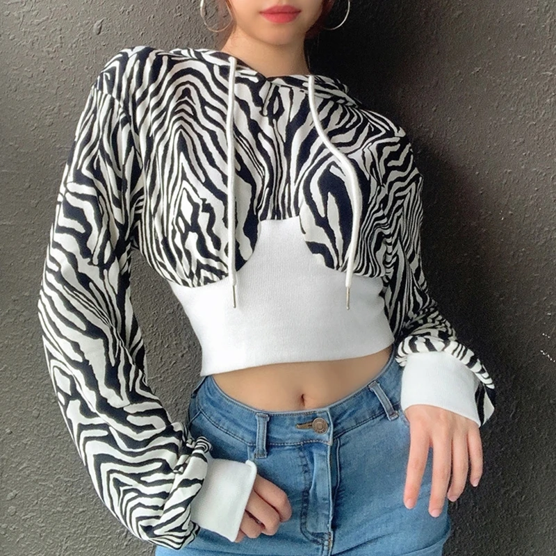 Women Long Sleeve Drawstring Hoodies Harajuku Zebra Stripe Print Patchwork Crop Top Ribbed Elastic Waist Slim Sweatshirt
Women Long Sleeve Drawstring Hoodies Harajuku Zebra Stripe Print Patchwork Crop Top Ribbed Elastic Waist Slim Sweatshirt