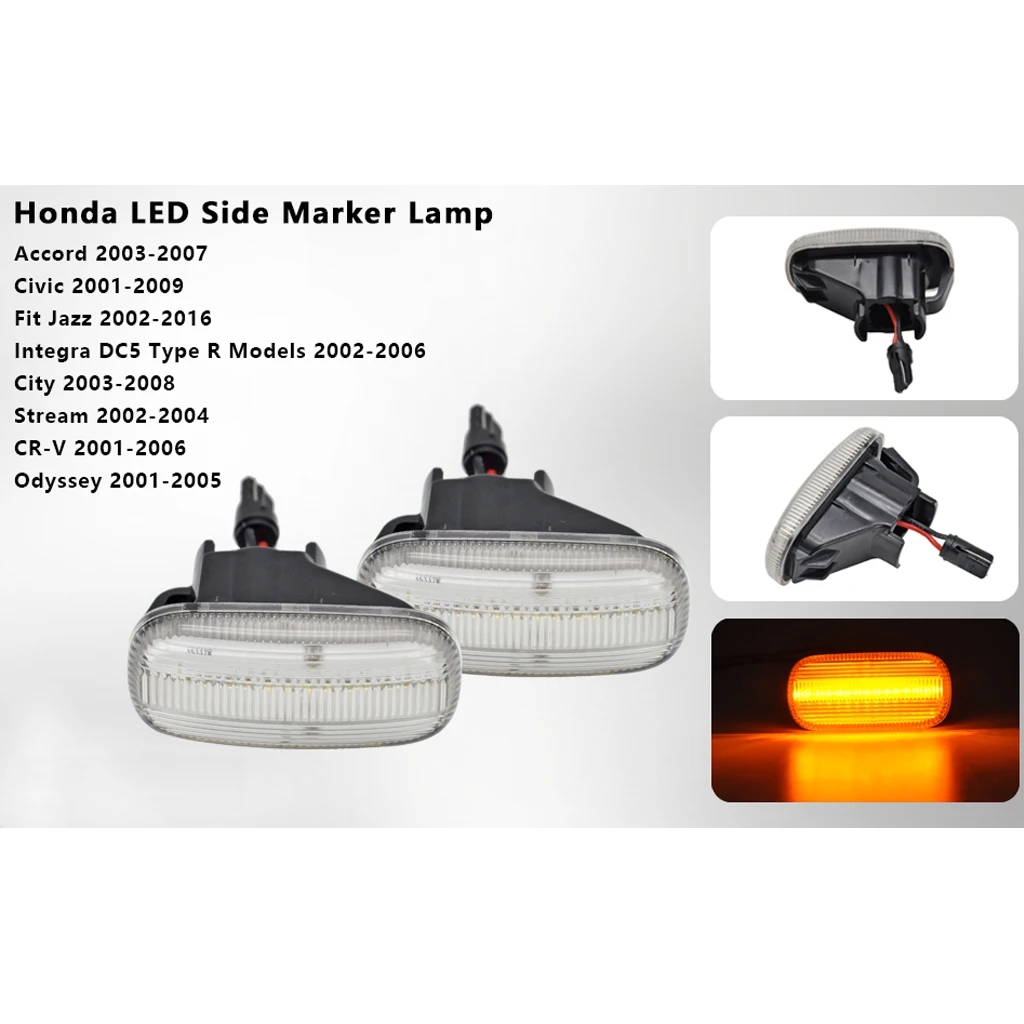 2pcs Clear Lens Amber LED Side Marker Lights For Honda Accord Civic CR-X S2000 SOdyssey Integra RSX NSX, etc
2pcs Clear Lens Amber LED Side Marker Lights For Honda Accord Civic CR-X S2000 SOdyssey Integra RSX NSX, etc