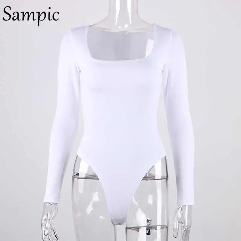 Sampic Woman Fashion Sexy Causual Square Neck Warm Skinny Bodysuit Rompers Long Sleeve Slim Bodycon Bodysuit Tops Autumn Winter