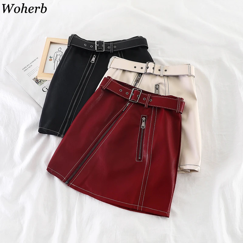 

Woherb 2019 Autumn Winter High Waist Pencil Skirts Women Sash Zipper Pu Leather Skirt Office Ladies Mini Skirt Street Wear 90282
