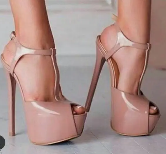 

Summer Fashion Nude Patent Leather T-strap High Heel Sandals Woman Super High Platform Pumps Peep Toe Party Dress Shoes