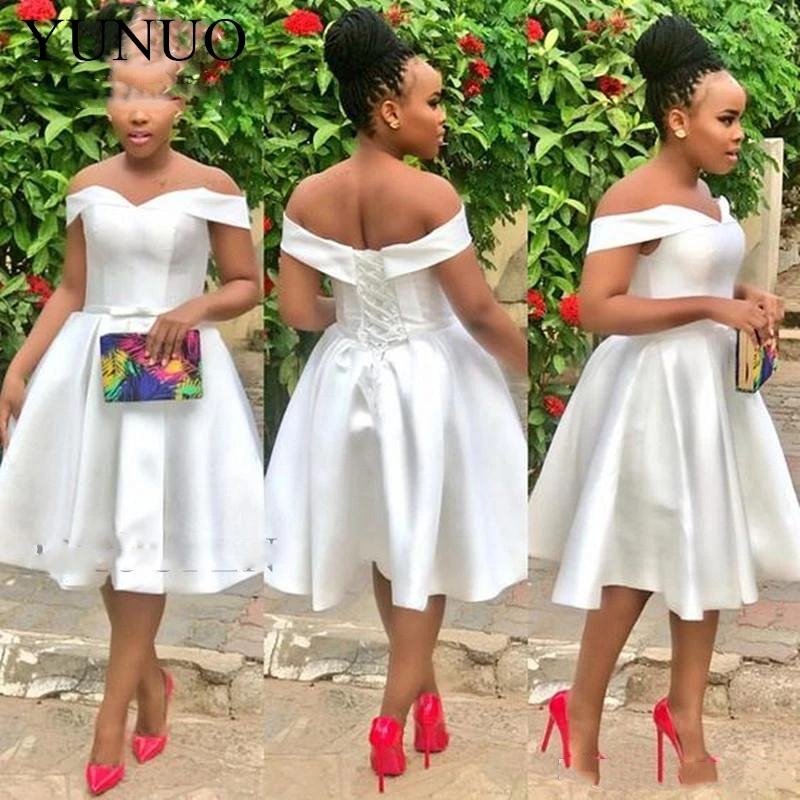 YuNuo 2019 дешевые белые атласные платья длиной до колена для выпускного вечера
