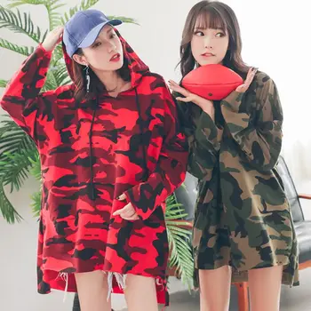 

Women Autumn Long Sleeve Drawstring Hoodies Colorblock Camouflage Print Oversized Sweatshirt Hip Hop Asymmetric Tunic Tops M-3XL