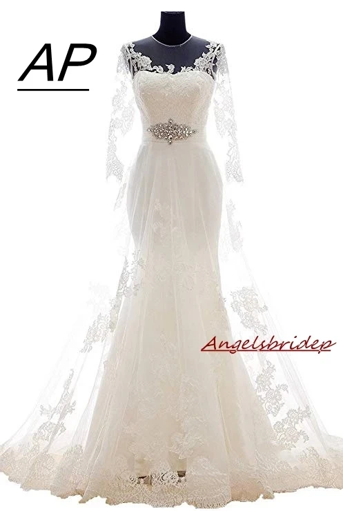 Женское свадебное платье Angelsbridep, Тюлевое платье с глубоким вырезом и кружевным запахом, с длинным рукавом, со шлейфом, 2021