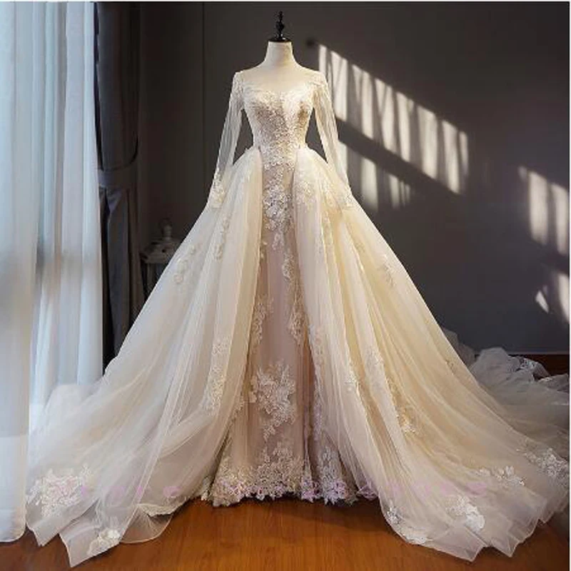 Luxury Floral Print Lace Beading Bridal Gowns Embroidery Appliques O-Neck 2 In1 Detachable Train Custom Made Wedding Dresses
Luxury Floral Print Lace Beading Bridal Gowns Embroidery Appliques O-Neck 2 In1 Detachable Train Custom Made Wedding Dresses