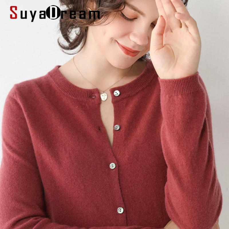 

SuyaDream 100%Wool Cardigan O neck Single Breasted Long Sleeved Sweaters 2020 Fall Winter Cardigans for Women Basic Knitwear