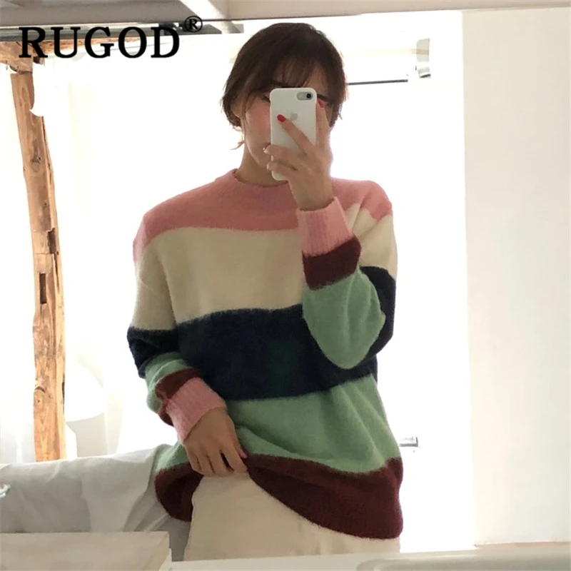 Женский шерстяной свитер RUGOD повседневный Свободный пуловер в полоску с круглым