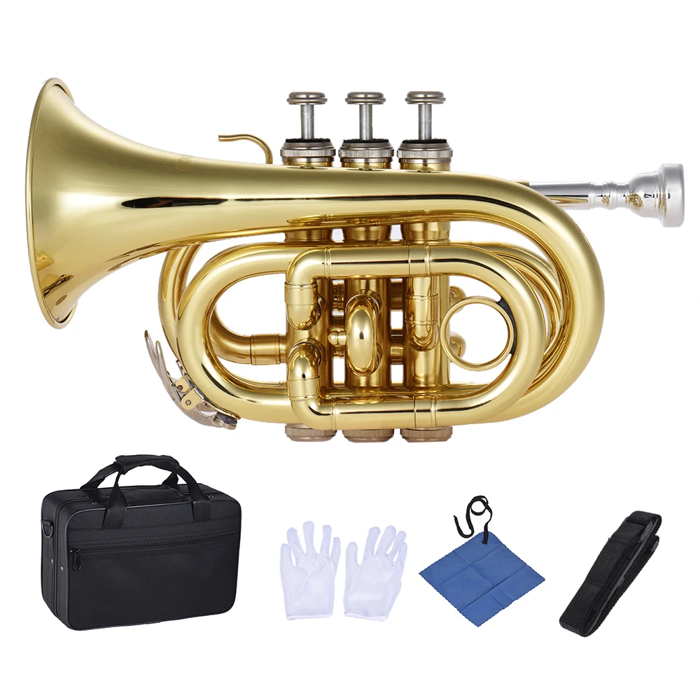 Muslady Mini Pocket Trumpet Bb Flat Brass Wind Instrument with Mouthpiece Gloves Carrying Case trompete trompeta profesional
Muslady Mini Pocket Trumpet Bb Flat Brass Wind Instrument with Mouthpiece Gloves Carrying Case trompete trompeta profesional