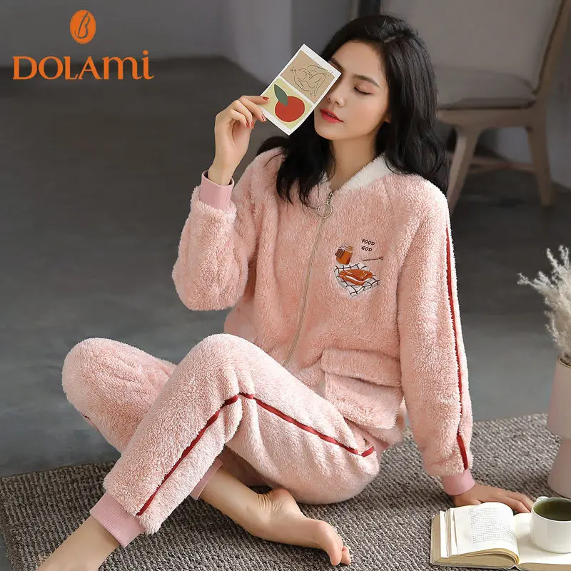 

New Autumn Winter Women Pyjamas Sets pajamas Sleepwear Suit Thick Warm Coral Flannel nightgown Female Sports Pijama Mujer