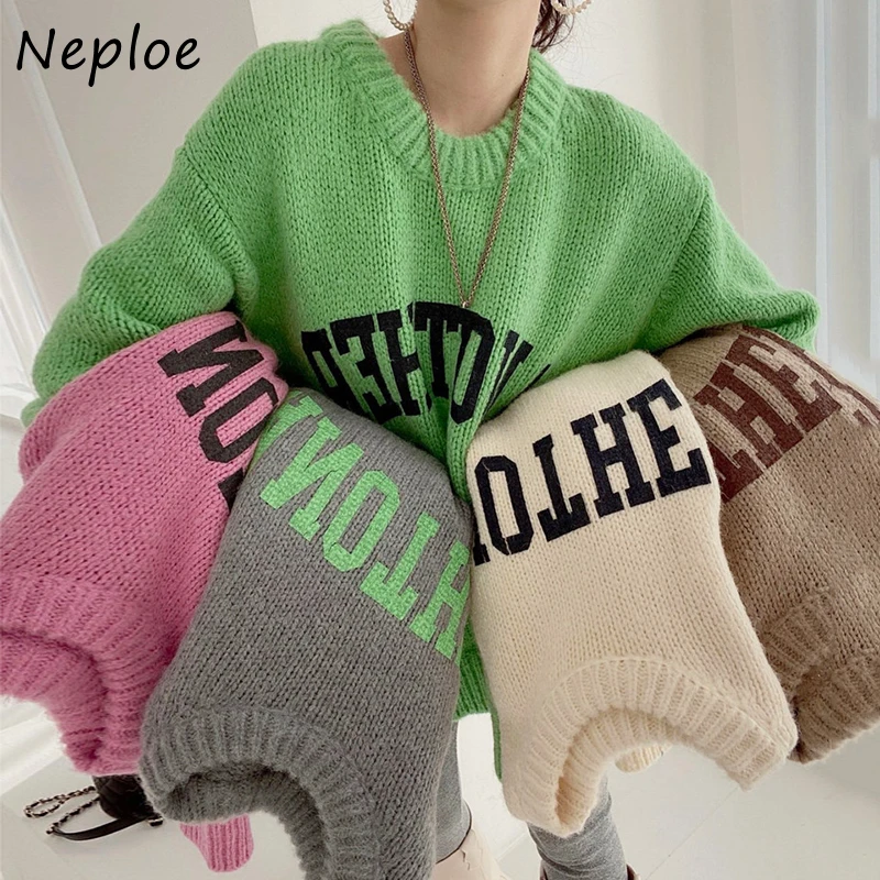 Фото Модные вязаные женские пуловеры Neploe с буквенным принтом свитера круглым вырезом