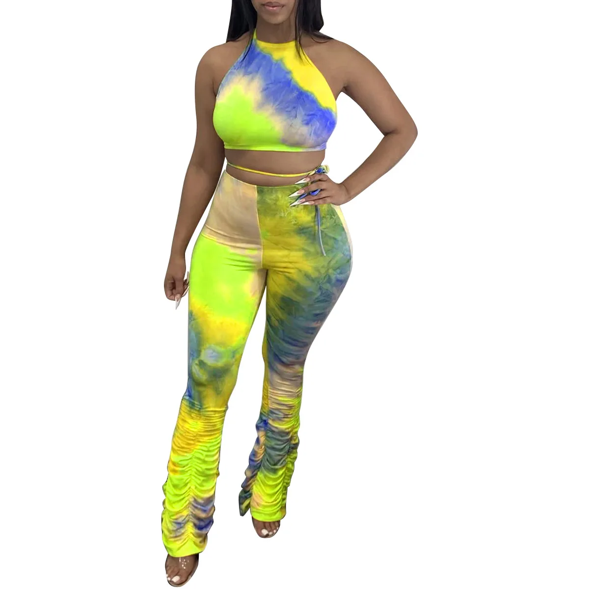 Women 2 Piece Tie Dye Outfits Sets, Halter Open Back Cami Top + Ruched Long Flared Pant Clubwear Party Costume
Women 2 Piece Tie Dye Outfits Sets, Halter Open Back Cami Top + Ruched Long Flared Pant Clubwear Party Costume