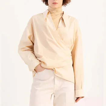 Women's Wrap Shirt French Asymmetric Lace-up Buttons Turn-down Collar Cotton Retro Lady Blouse 2020 New 
Women's Wrap Shirt French Asymmetric Lace-up Buttons Turn-down Collar Cotton Retro Lady Blouse 2020 New