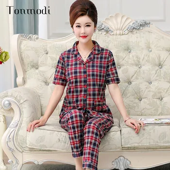 2 Piece Set / Ladies Casual Pajamas Cotton Plaid Pajamas Set Short Sleeve + Long Pants Pajamas Set Women's Home Service
2 Piece Set / Ladies Casual Pajamas Cotton Plaid Pajamas Set Short Sleeve + Long Pants Pajamas Set Women's Home Service