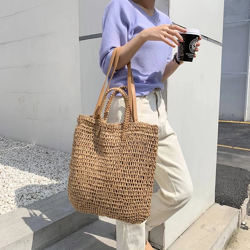 

Casual Large Capacity Straw Shoulder Bags For Women Wicker Woven Handbags Rattan Summer Beach Bag Tote Lady Shopper Purses sac