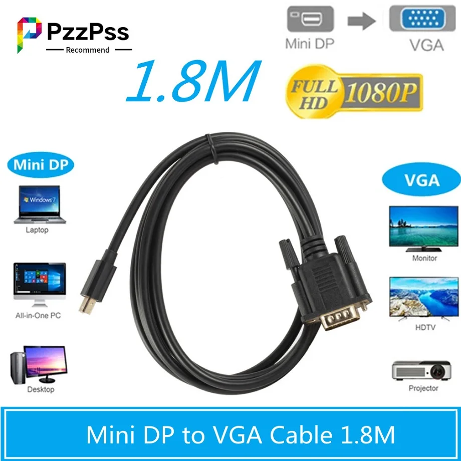 PzzPss мини-порт дисплея DP-VGA Кабель 1 8 м Папа-папа DisplayPort vga Соединительный адаптер