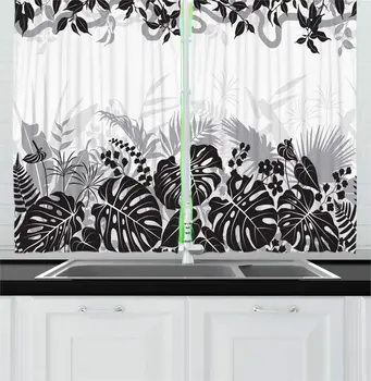 

Charcoal Grey White Tropical Kitchen Curtains Monochromatic Floral Jungle Exotic Themed Various Types Plant Leaves for Kitchen
