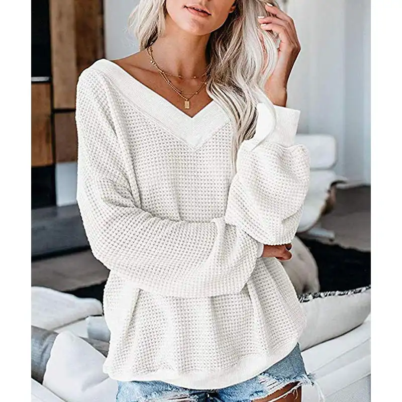 Women Long Sleeve Waffle Knit Tops Off Shoulder Pullover Sweater Top 1