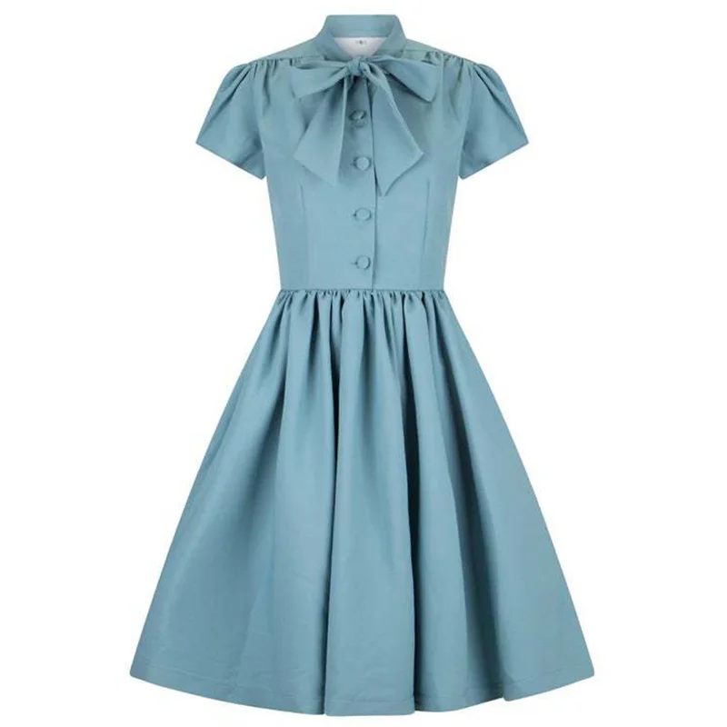 

Solid Color Midi Pleated Dress Vintage Style Bow Tie Neck Button Up Elegant Women Summer Belted Pinup 60s 50s Rockabilly Dresses