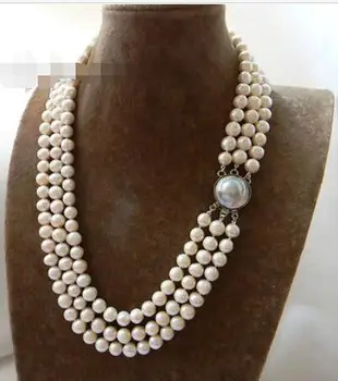 3Strands 21'' 9mm White Round Freshwater Pearl Mabe clasp Necklace 
3Strands 21'' 9mm White Round Freshwater Pearl Mabe clasp Necklace