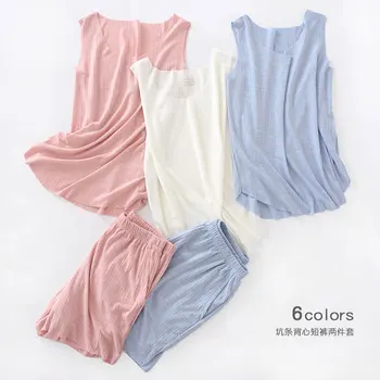 Spring Summer Sleeveless Shorts Pajamas Women's Viscose Sunken Stripe Pajamas Thin Casual Solid Color Home Wear Sweater 
Spring Summer Sleeveless Shorts Pajamas Women's Viscose Sunken Stripe Pajamas Thin Casual Solid Color Home Wear Sweater