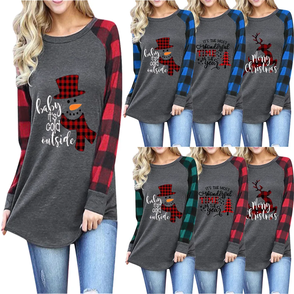 New European and American round neck Plaid Christmas women's top T-shirt in autumn and winter 2020
New European and American round neck Plaid Christmas women's top T-shirt in autumn and winter 2020