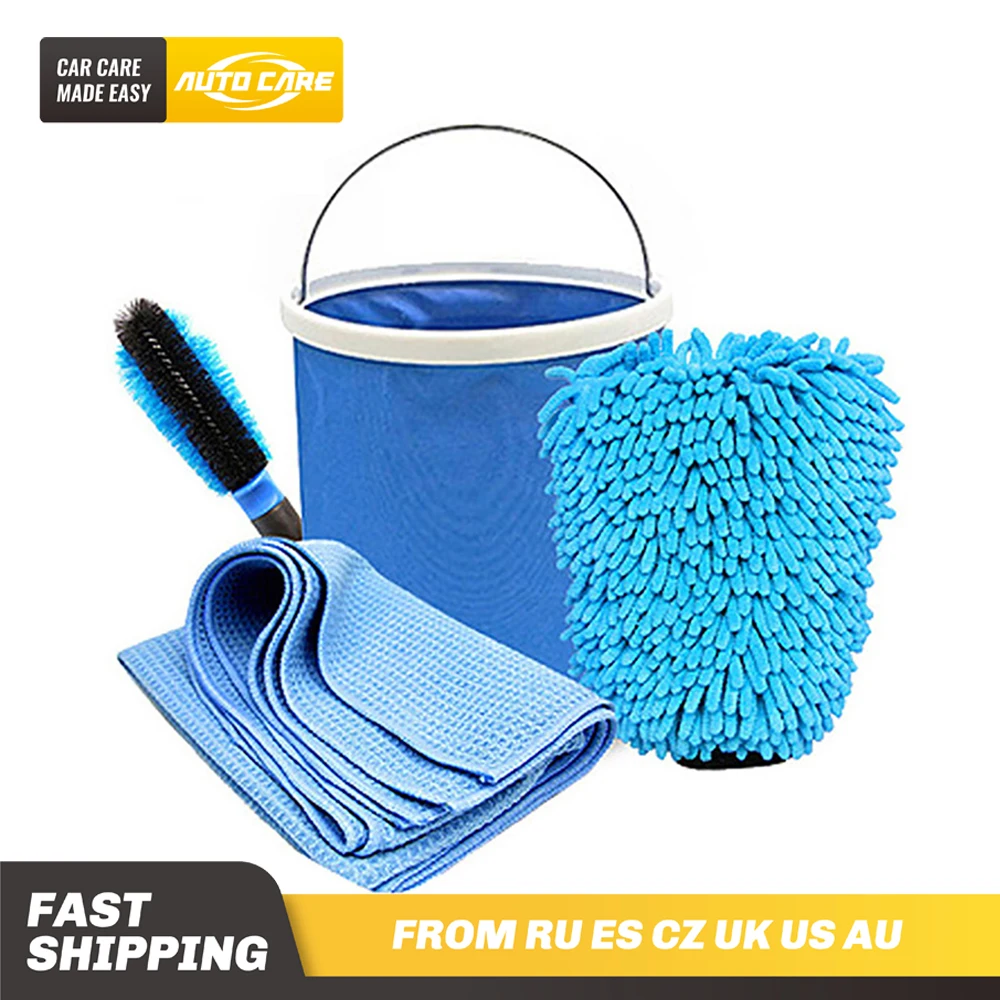 

AutoCare 4 PC Car Cleaning and Drying Set Include Foldable Bucket Microfiber Glove Wash Brush Magnet Microfiber Drying Towel