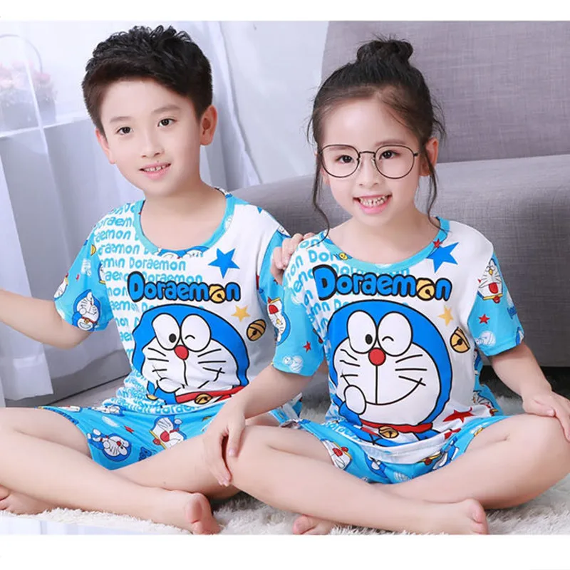 Kids Pajamas Sets Summer Children Girls Boys Suits Nightwear Cartoon Short Sleeve Casual Nightgown Suits Clothing A0132