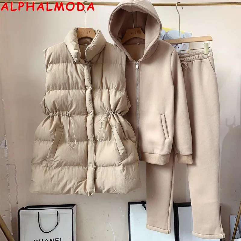 ALPHALMODA 2020 New Arrival Padded Vest Zip Hooded Trousers Women Winter Warm 3pcs Sweatpants Suit Solid Color M-XL |