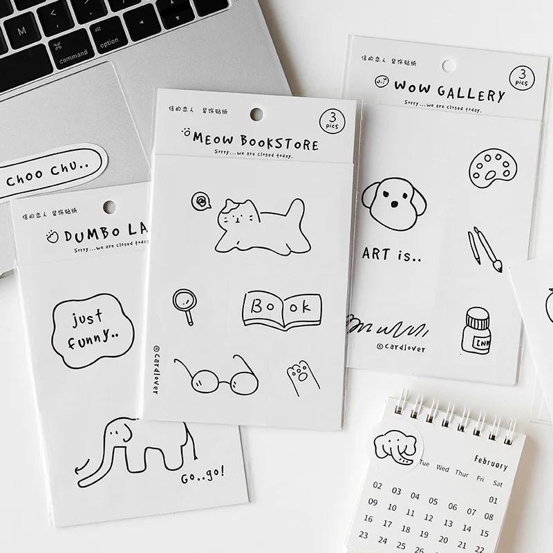 

INS 3 Piece Suit Simple Stroke Sticker Cute Animal Expression Hand Account Notebook Decorative Materials kawaii label Stickers