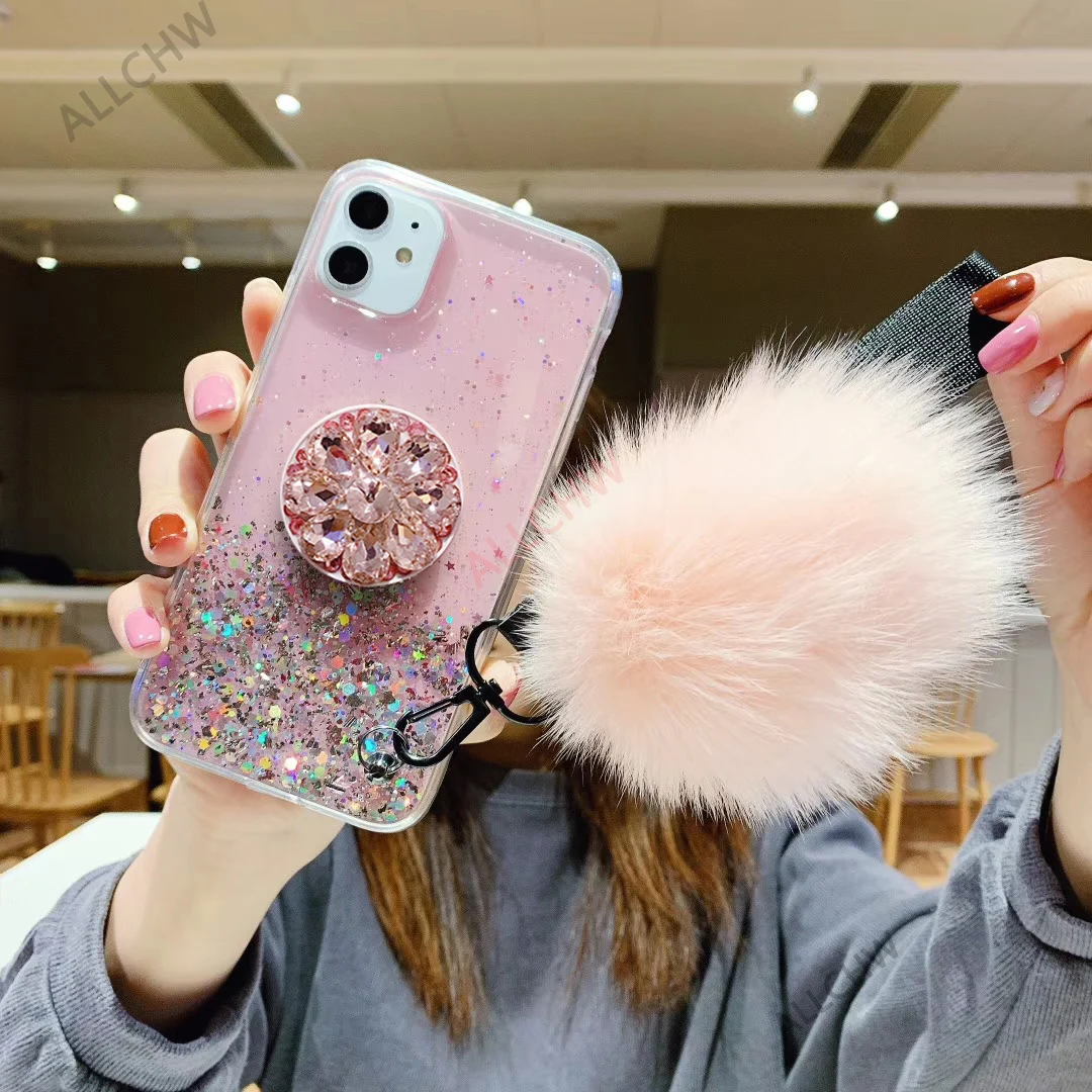 DIY CZ Алмазный Держатель подставка меховой шар чехол для телефона iPhone 13 Promax 12 Pro MAX 6