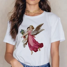 天使 90s ファッション Tシャツ女性かわいいプリント半袖 O-ネック Tシャツヴィンテージ流行 Ullzang Tシャツ原宿トップ Tシャツ女性(China)