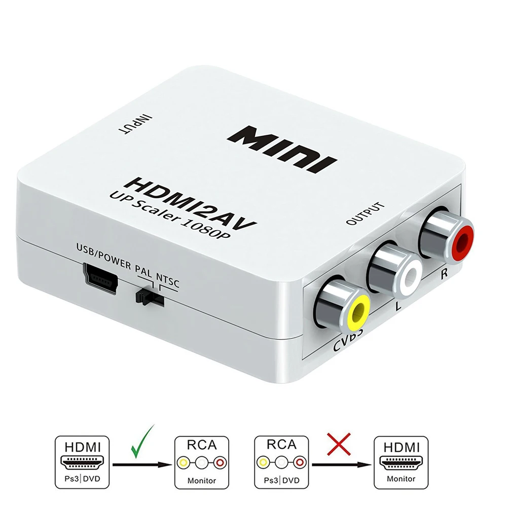 HDMI To AV Converter Scaler Adapter Composite Converter Box to RCA AV/CVSB L/R Video HD 1080P Mini HDMI2AV Support NTSC PAL
HDMI To AV Converter Scaler Adapter Composite Converter Box to RCA AV/CVSB L/R Video HD 1080P Mini HDMI2AV Support NTSC PAL