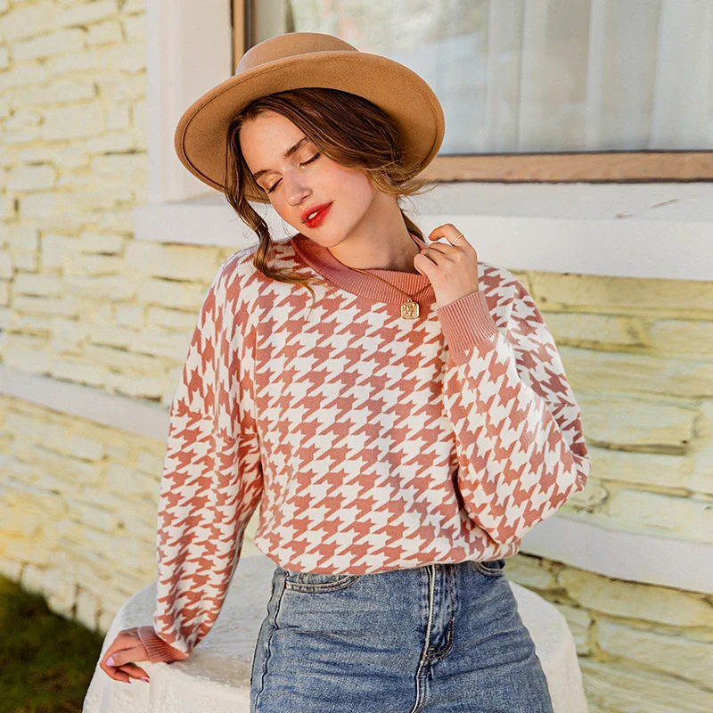 FREE SHIPPING Women Houndstooth Pattern Knitted Sweater OUT0909 FREE SHIPPING Women Houndstooth Pattern Knitted Sweater OUT0909