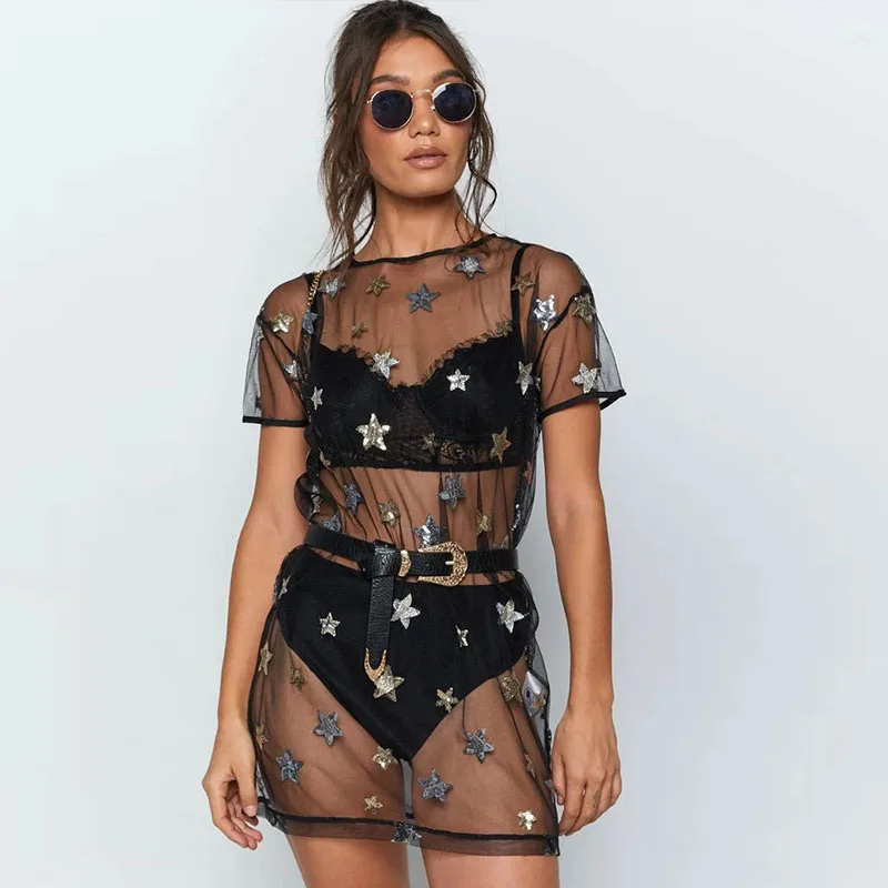 CNYISHE Sheer Mesh Cover Up Party Club Dress Women 2019 Fashion Stars Print Short Sleeve Beach See through Mini Dresses Vestidos
CNYISHE Sheer Mesh Cover Up Party Club Dress Women 2019 Fashion Stars Print Short Sleeve Beach See through Mini Dresses Vestidos