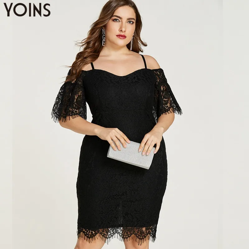 

YOINS Plus Size Women Lace Off Shoulder Knee-length Dress 2019 Summer Sexy Elegant Flare Sleeve Bodycon Party Dresses Vestidos