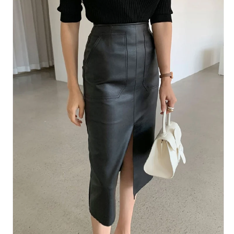 Фото женская юбка PU кожаная с высокой талией тонкая сплит | Женская одежда