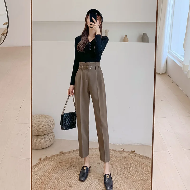 2019 Brand New Women Fashion Trousers High Waist Belted Harem Pants Woolen Winter Quality Pantalones Mujer |