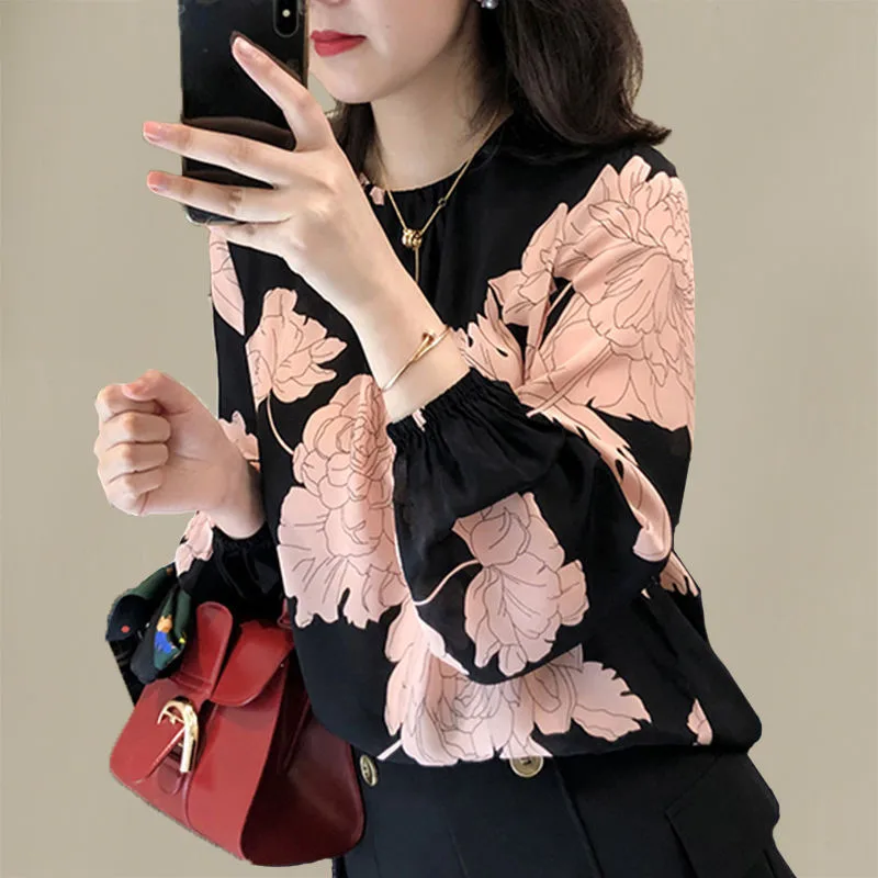 

Lantern Sleeve Chiffon Shirts Women Spring Autumn Blouses Print Loose Elegant All-Match Stylish Ladies Tops Mujer Blusas MM0829