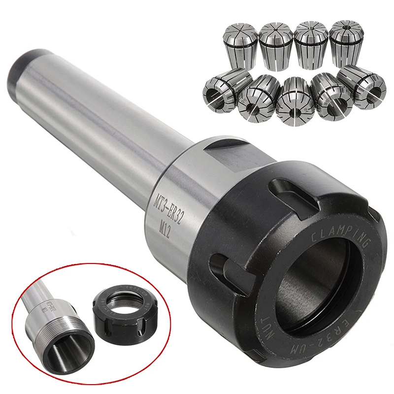 1Pcs MT3 M12 ER32 Collet Chuck Morse Taper Holder + 9Pcs ER32 Spring Collets 2/4/6/8/10/12/16/18/20mm For CNC Milling Tools
1Pcs MT3 M12 ER32 Collet Chuck Morse Taper Holder + 9Pcs ER32 Spring Collets 2/4/6/8/10/12/16/18/20mm For CNC Milling Tools