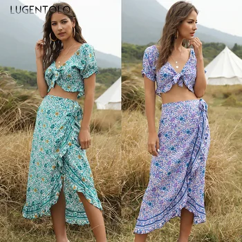 Lugentolo Women Spring Summer Bohemia Set Sexy Top Shor Sleeve V-neck Long Irregular Skirt Flower Backless Two Piece Sets 
Lugentolo Women Spring Summer Bohemia Set Sexy Top Shor Sleeve V-neck Long Irregular Skirt Flower Backless Two Piece Sets
