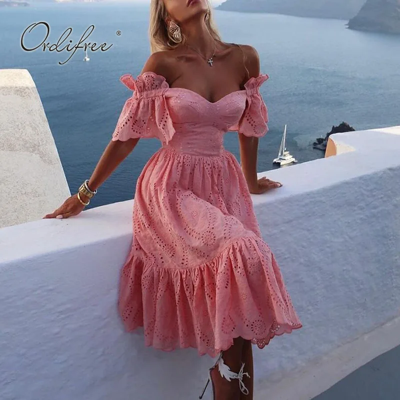 

Ordifree 2022 Summer Women Embroidery Party Dress Off Shoulder Short Sleeve Slash Neck Pink Tunic Beach Dress