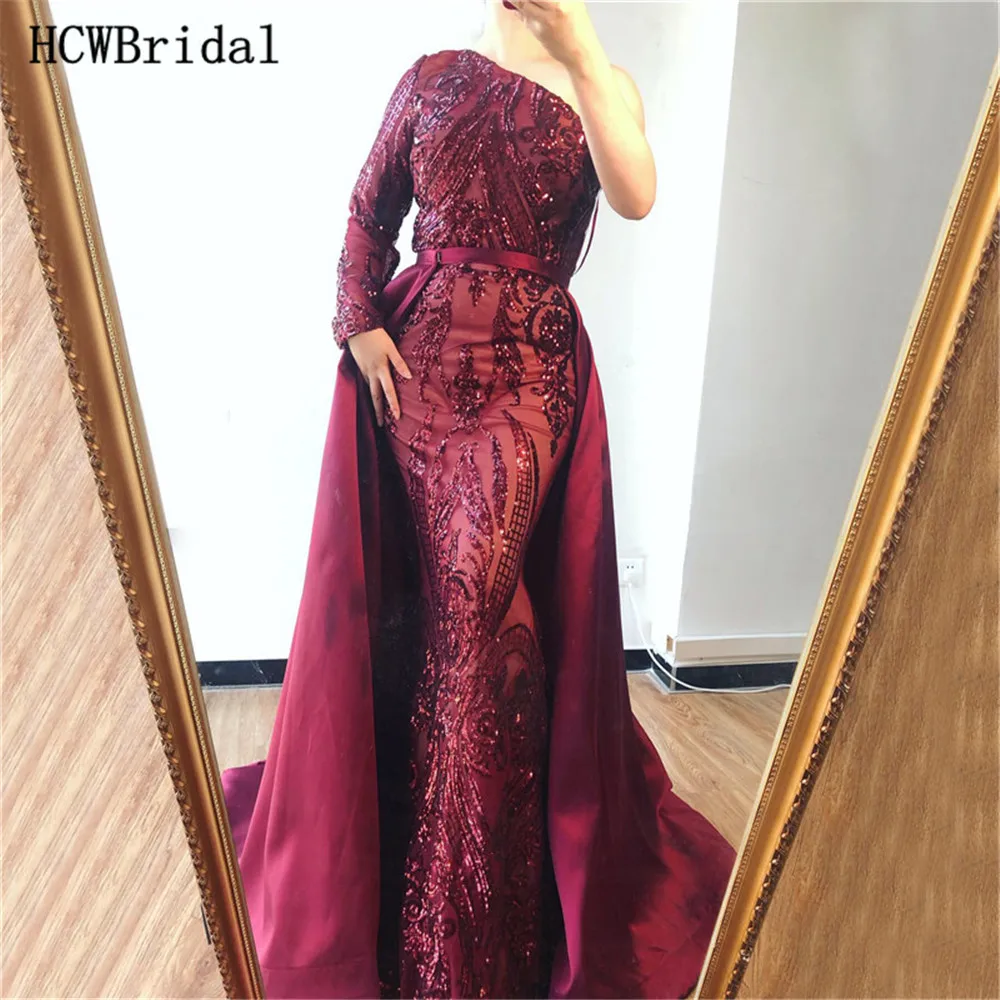 Fashionable Burgundy One Shoulder Arabic Evening Dress Long Sleeve Detachable Train Glitter Sequins Mermaid Prom Gowns Customize
Fashionable Burgundy One Shoulder Arabic Evening Dress Long Sleeve Detachable Train Glitter Sequins Mermaid Prom Gowns Customize