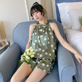 Green 2PCS Polka Dot Print Pajamas Suit Young Lady Summer Faux Silk Nightwear Sexy Top&Shorts Sleepwear Loose Home Clothes 
Green 2PCS Polka Dot Print Pajamas Suit Young Lady Summer Faux Silk Nightwear Sexy Top&Shorts Sleepwear Loose Home Clothes